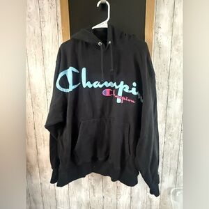 Champion Life Hoodie Black Reverse Weave Sweatshirt Neon Big Logo 2XL 135